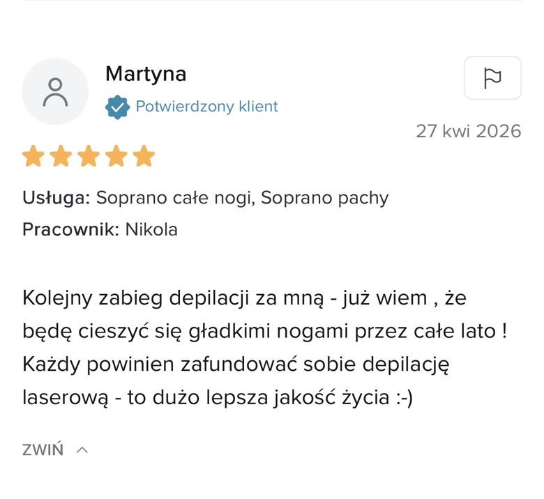 Opinia klientki o depilacji laserowej w klinice Wileńska 9