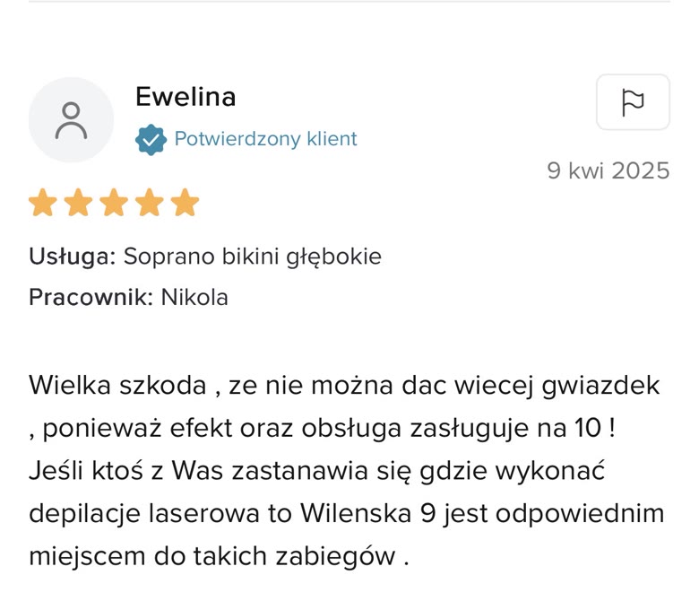 Opinia klientki o depilacji laserowej w klinice Wileńska 9