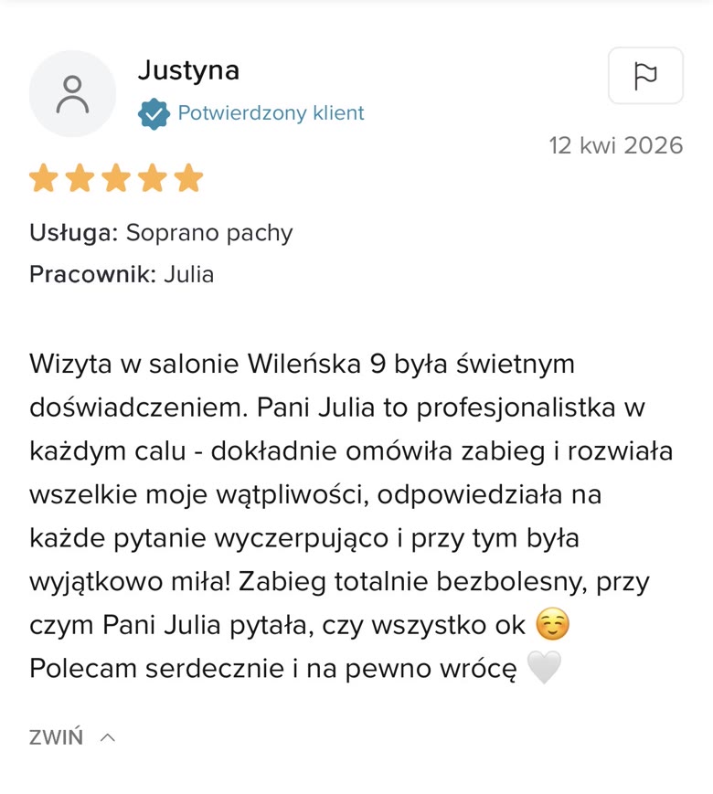 Opinia klientki o depilacji laserowej w klinice Wileńska 9
